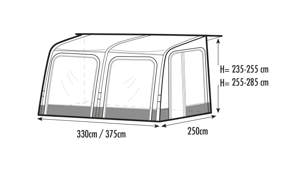 Wohnwagen-Vorzelt mit Abmessungen und Höhenangaben, Zeichnung.