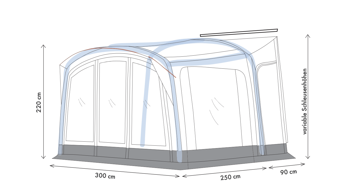 Schema eines Zelts mit Abmessungen in Zentimetern