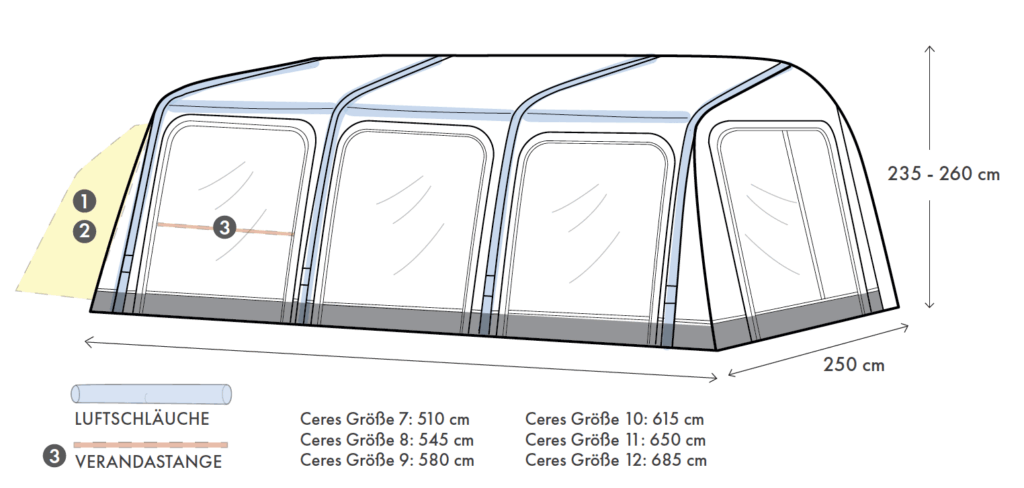 Zelt mit Abmessungen und Details zu Größen.