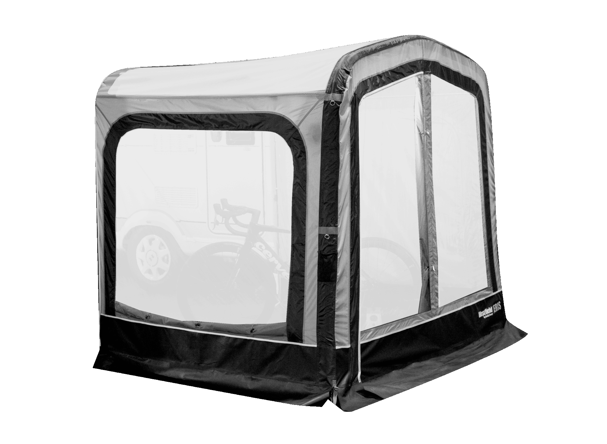 Transparenter Aufbewahrungszelt für Fahrräder, schwarzer Rahmen.