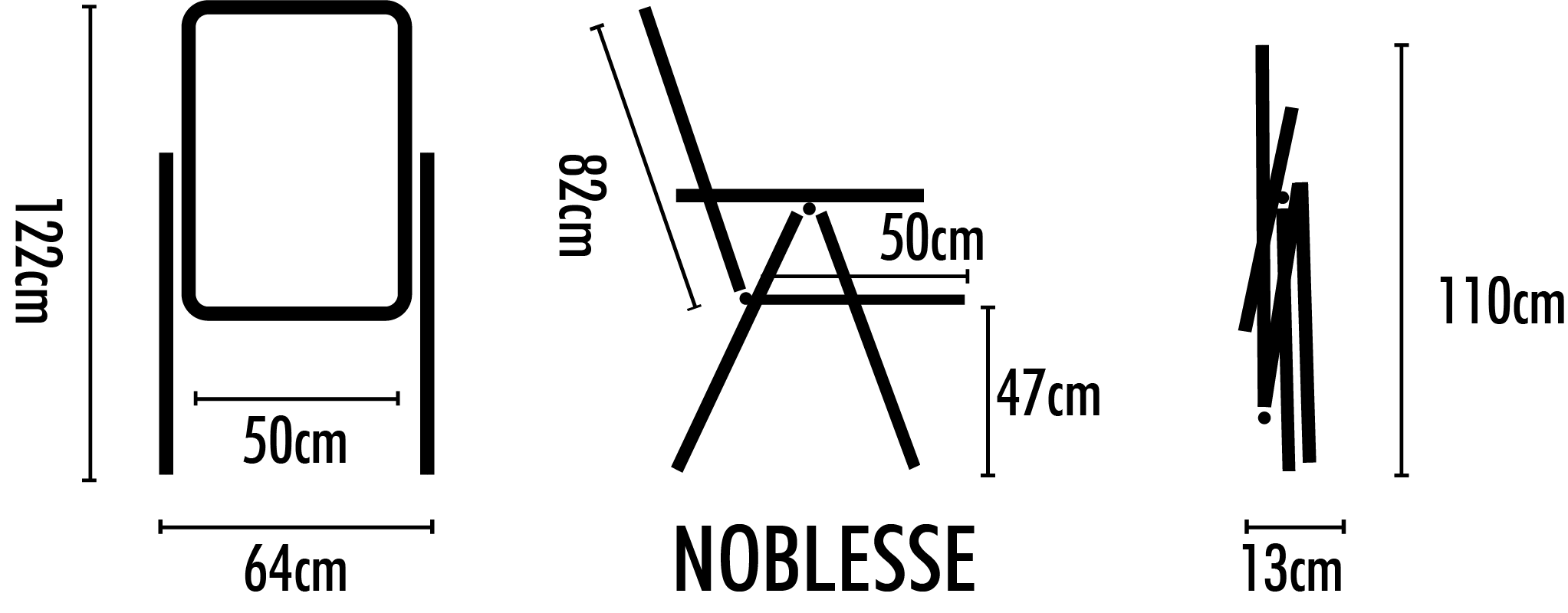 Klappstuhl Maße: 122x64x50 cm, zusammengeklappt 110x13 cm.