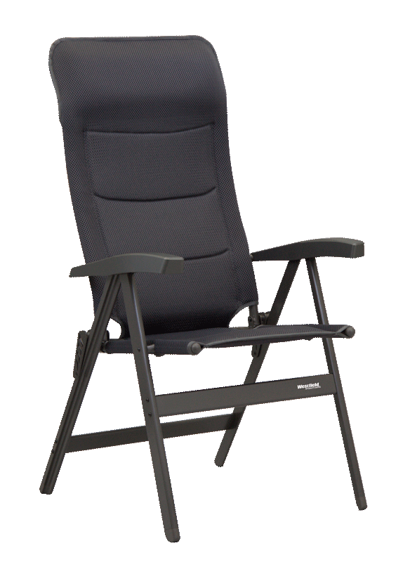 Klappbarer schwarzer Campingstuhl für Garten oder Balkon.