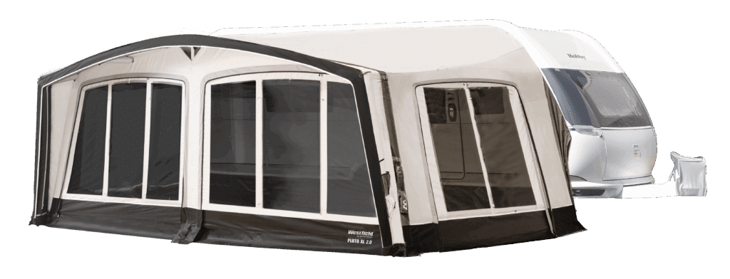 Wohnwagen mit Vorzelt, Seitenansicht