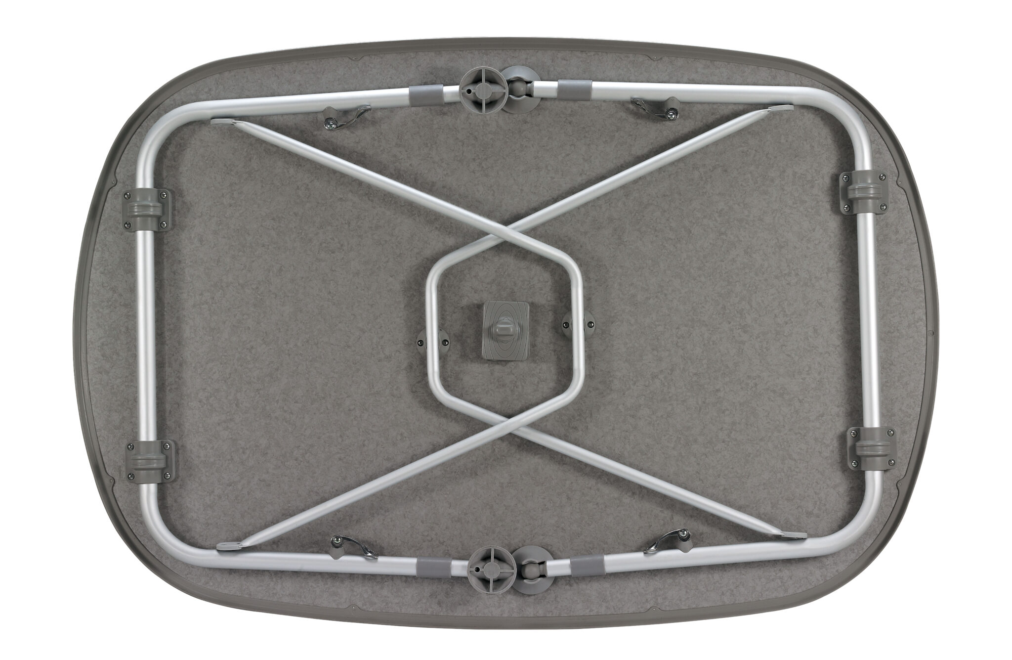 Unterseite eines rundem Klapptisches aus Metall und Kunststoff.