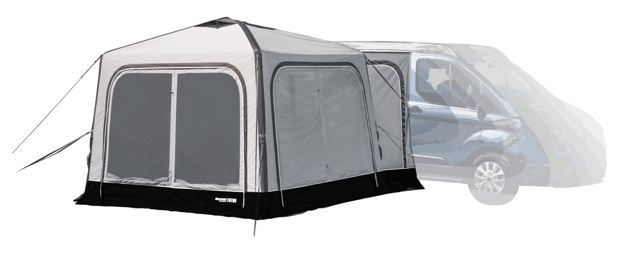 Dachzelt an einem blauen Van angebracht.