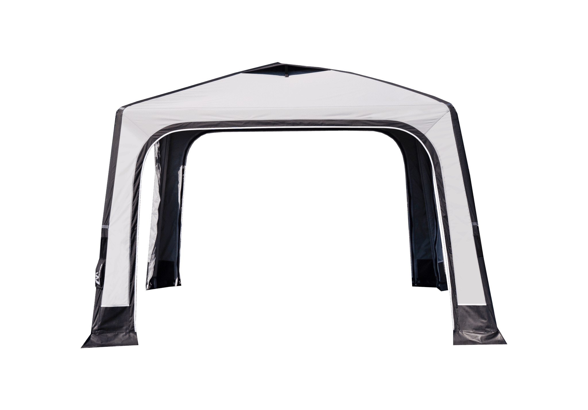 Aufblasbares, schwarzes Vordachzelt mit weißen Elementen.