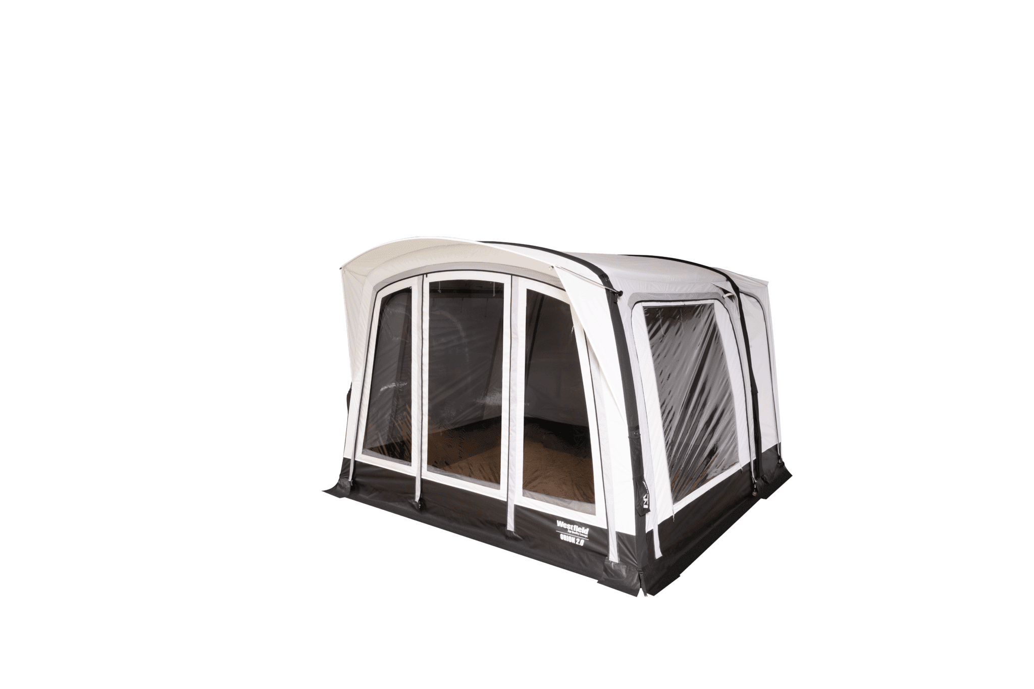 Aufblasbares Zelt mit Fenstern, weiß-schwarz, geschlossen.