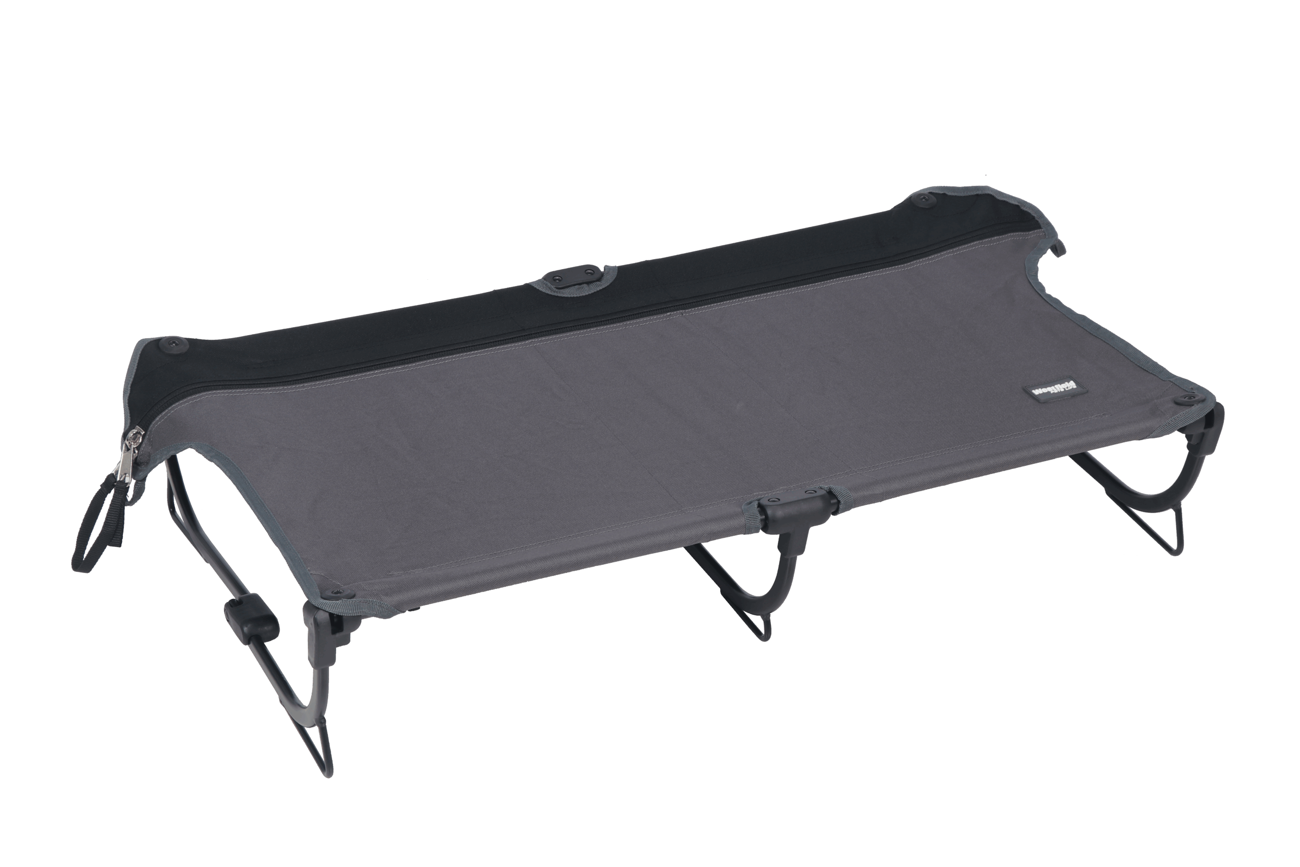 Tragbare Klappliege mit schwarzem Stoffbezug