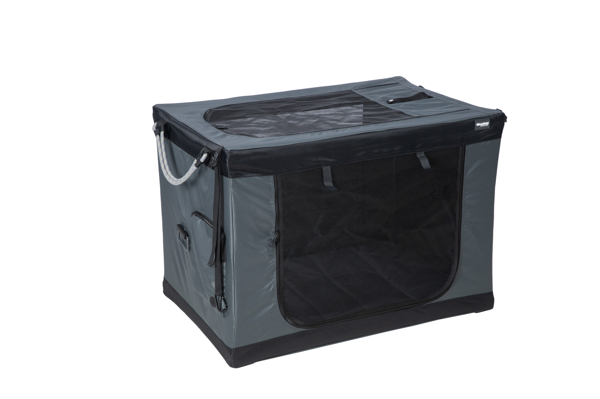 Faltbare Hundebox in grau schwarzem Design.