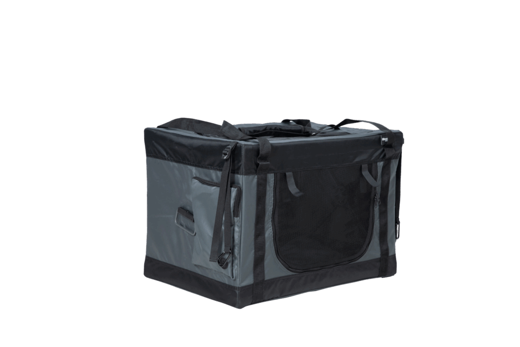 Tragbare, schwarze Hundebox mit Netzfenster.
