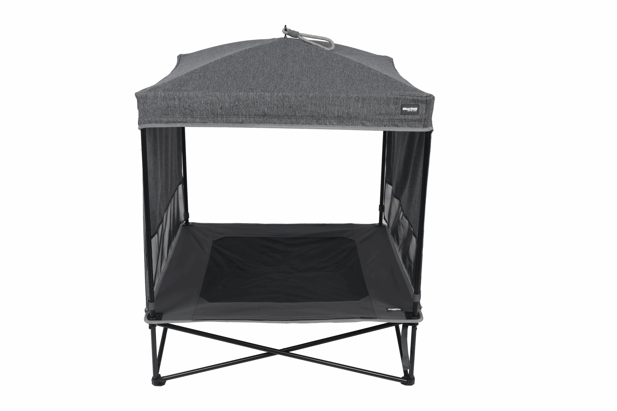 Graues Haustierzelt mit Mesh-Wänden.