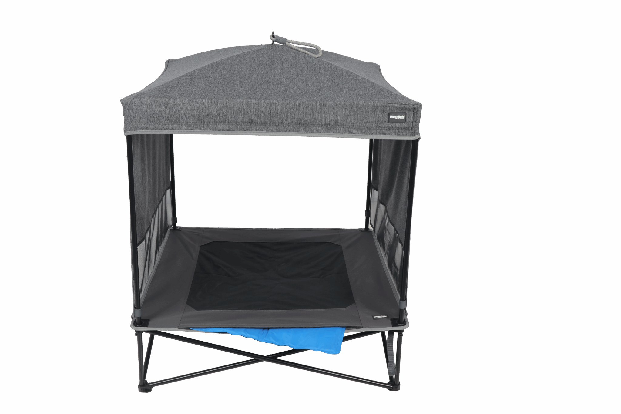 Graues Pop-up-Zelt mit schwarzer Bodenfläche und Dach.